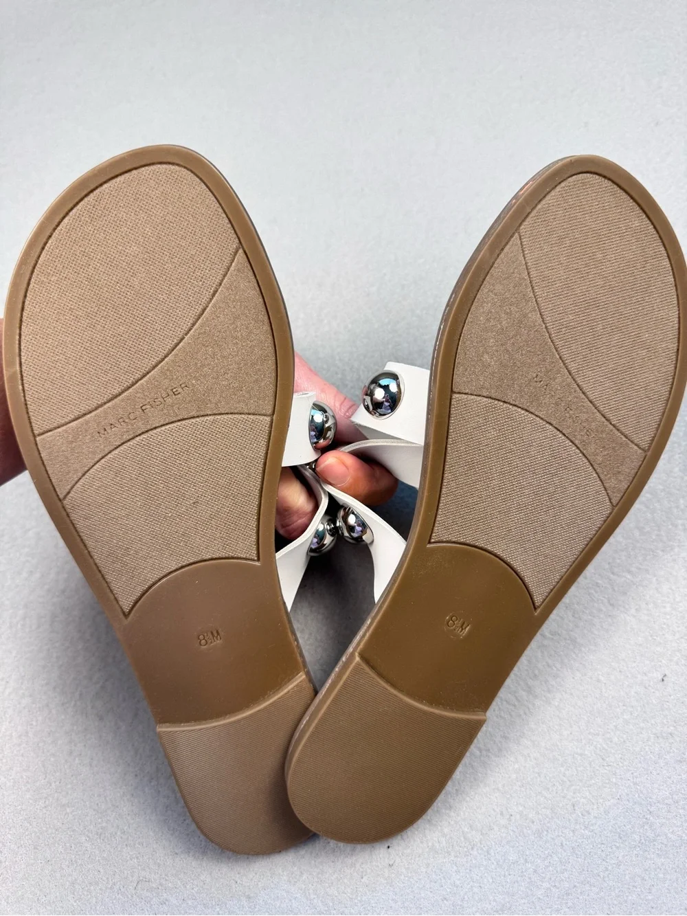 Marc Fisher White Slide Sandals with Metallic Dome Studs
